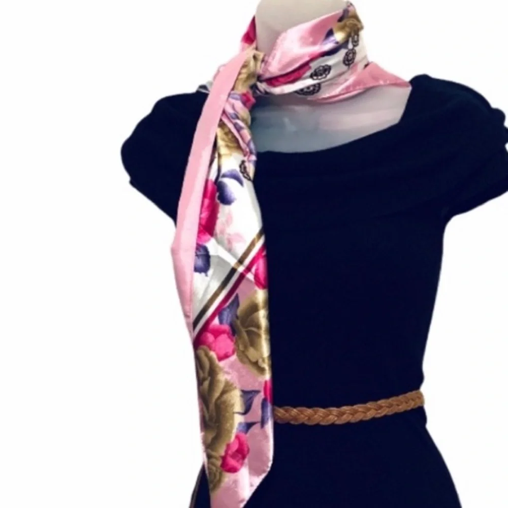 AKVO Silky Smooth Satin Floral Scarf Pink Purple White Gold Coquette Preppy